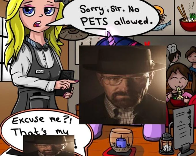 Sorry Sir No Pets Allowed Excuse Me Thats My Wife — Photoshopped variant with Walter White from Breaking Bad seated at restaurant table.