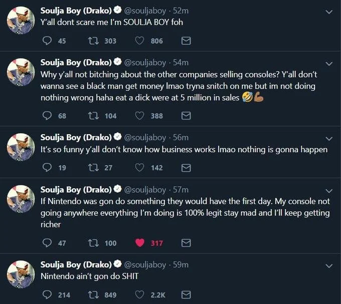 Screenshot of Soulja Boy's tweet thread claiming Nintendo won't do anything about his console