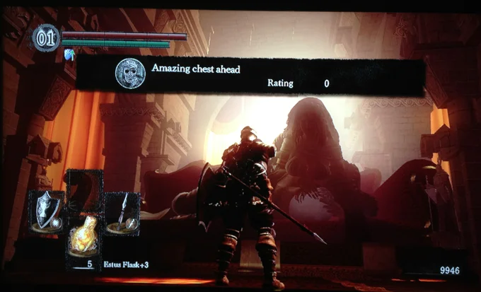 Soulslike Player Messages — Dark Souls screenshot of message 'Amazing chest ahead' in front of glowing female statue.