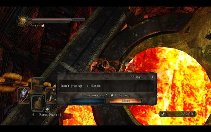 Soulslike Player Messages — Dark Souls screenshot with message 'Don't give up, skeleton!' near fiery opening.