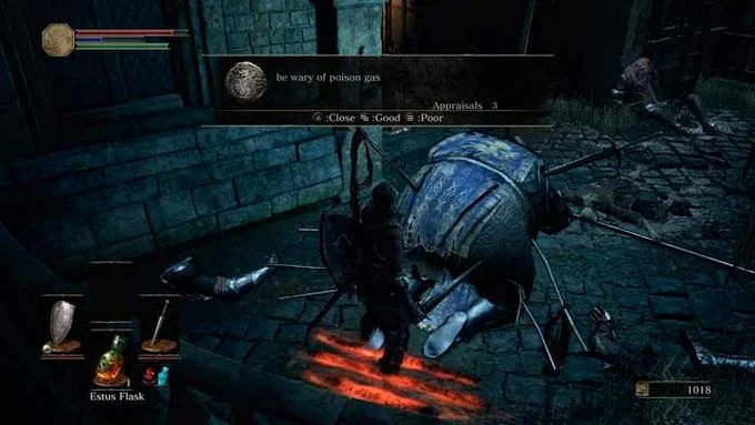 Soulslike Player Messages — Dark Souls screenshot with warning message 'be wary of poison gas' near armored enemy.