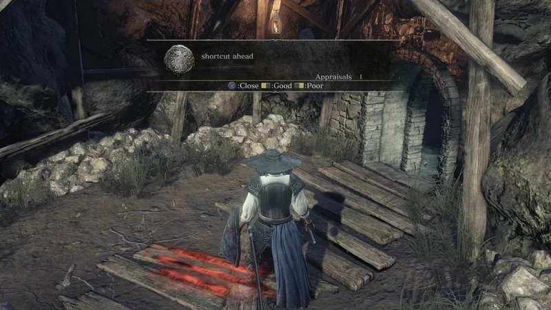 Soulslike Player Messages — Dark Souls screenshot with message 'shortcut ahead' shown from behind player character.