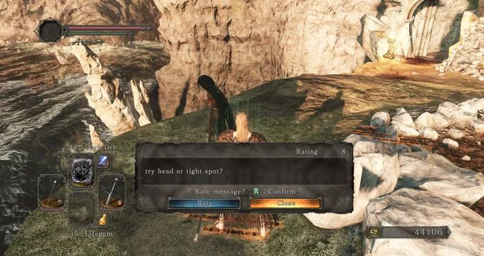Soulslike Player Messages — Dark Souls screenshot with message 'try head or tight spot?' with double meaning.