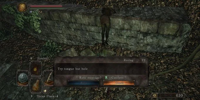 Soulslike Player Messages — Dark Souls screenshot displaying message 'Try tongue but hole' with 72 ratings.