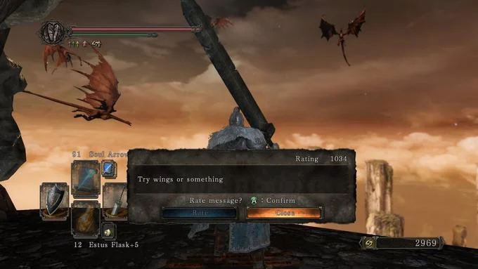 Soulslike Player Messages — Dark Souls screenshot with message 'Try wings or something' rating 1034 amid flying creatures.