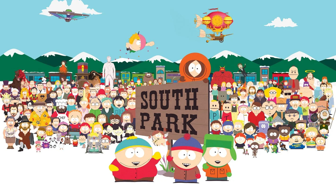 South Park cast group photo with all characters gathered behind a South Park sign in the snowy mountain town