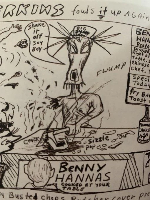 Hand-drawn comic of exaggerated chef character with speech bubble reading 'shake it off Soy Boy'