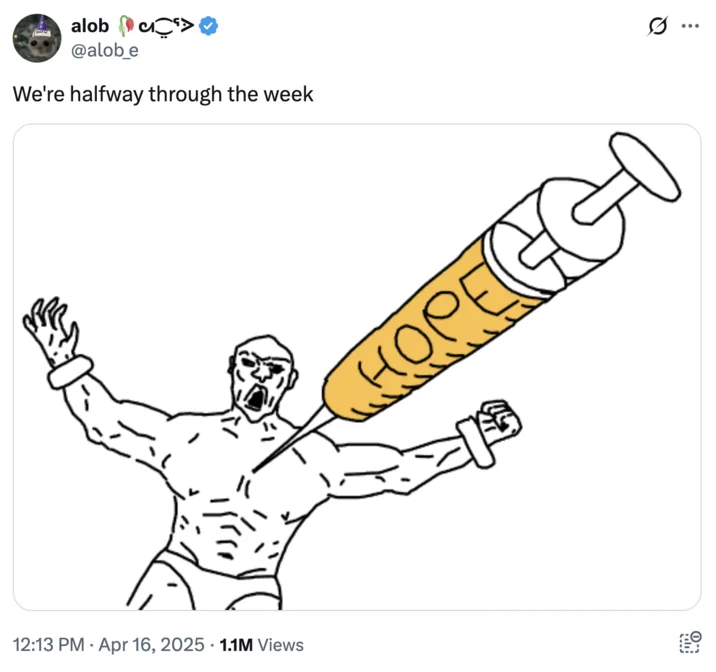 Twitter screenshot showing muscular Soyjak with stressed expression holding orange syringe.