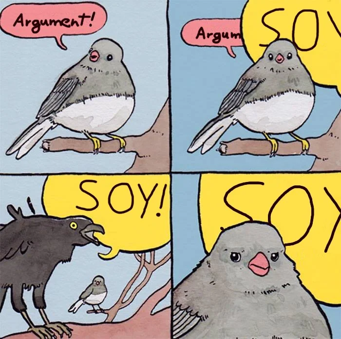 Soylent — Four-panel annoyed bird comic edit where 'Argument' is answered with giant 'SOY!' speech bubbles