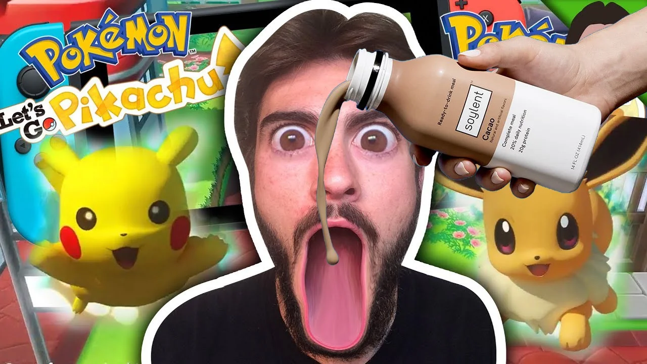 YouTube thumbnail of shocked bearded man receiving Soylent Cacao with Pokémon Let's Go artwork