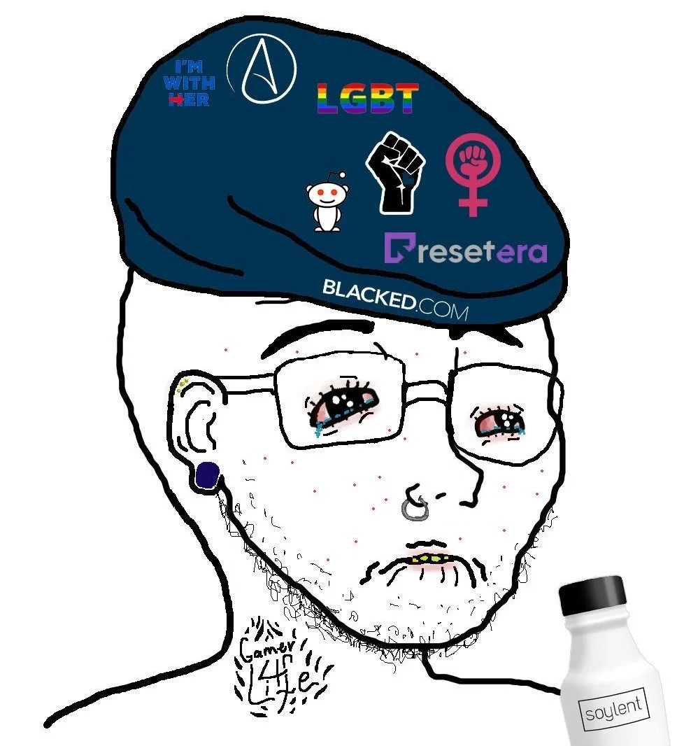 Cartoon soyboy caricature with beret of political logos holding a Soylent bottle