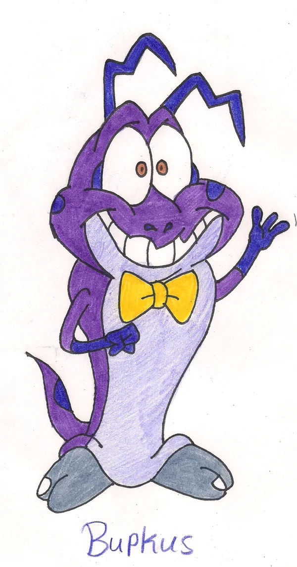 Hand-drawn colored pencil illustration of Bupkus from Space Jam