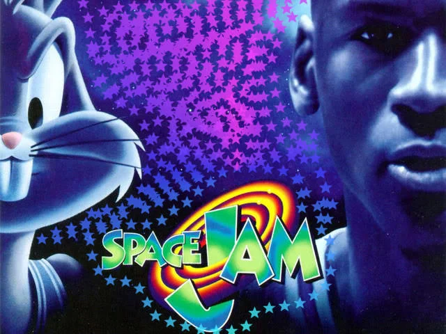 Cropped Space Jam movie poster with Bugs Bunny, Michael Jordan and logo