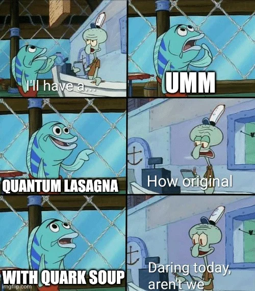 Space Lasagna — Four-panel SpongeBob meme showing reactions to different lasagna types including quantum lasagna.