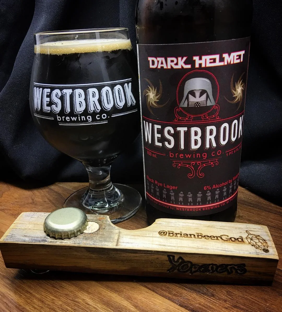 Spaceballs — Bottle and glass of Westbrook Brewing Company's Dark Helmet black rye lager beer.