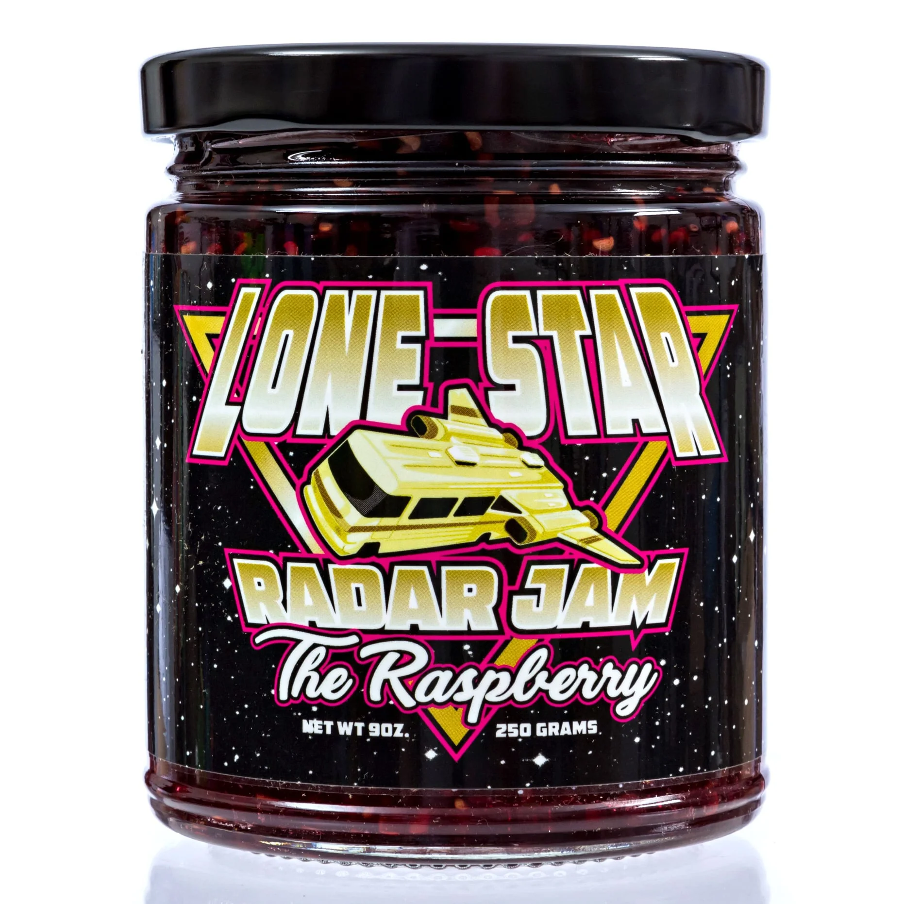 Jar of raspberry jam labeled 'Lone Star Radar Jam The Raspberry' with the Spaceballs Winnebago ship.