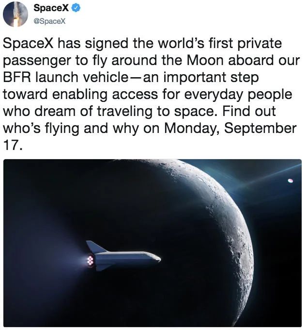 SpaceX tweet announcing first private passenger to fly around the Moon on the BFR