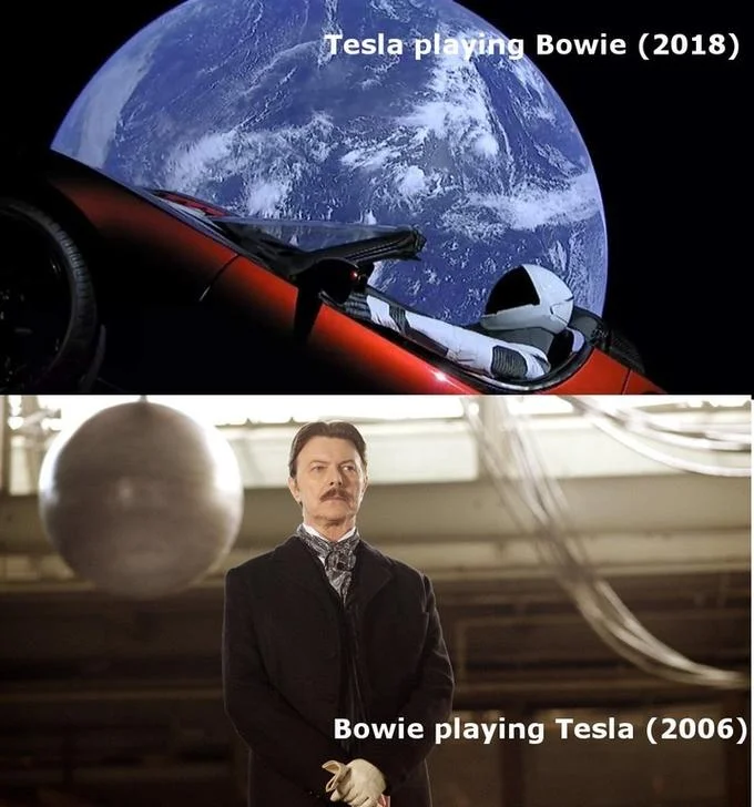 SpaceX — Two-panel meme comparing Tesla Roadster in space to David Bowie portraying Nikola Tesla