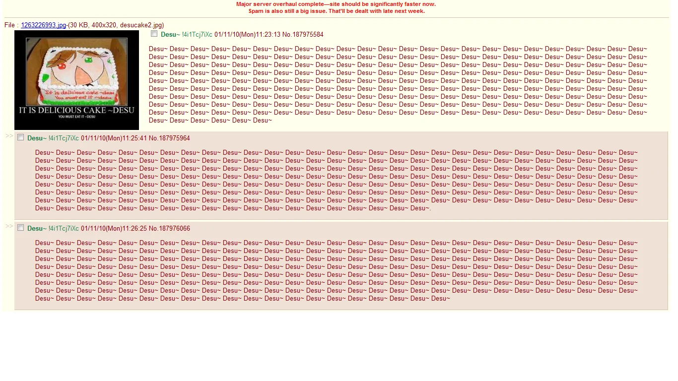 4chan thread spammed with the word Desu repeated hundreds of times