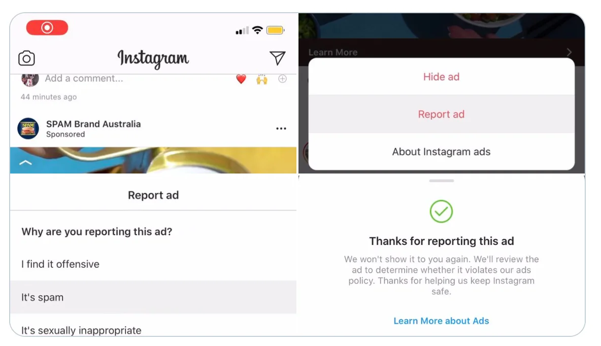 Instagram screenshots of reporting a SPAM Brand Australia sponsored ad as spam