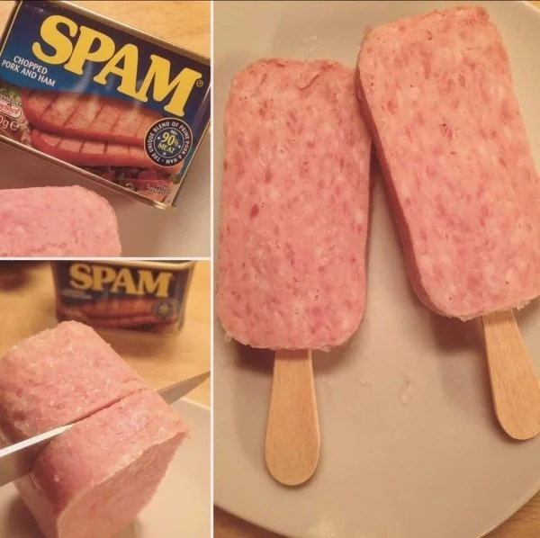 Photo collage of SPAM canned meat carved into popsicle-shaped pieces on wooden sticks