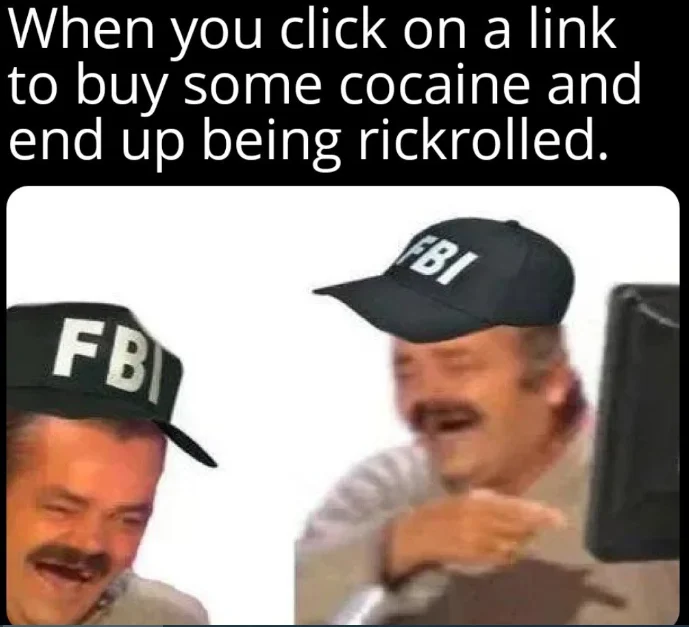 Spanish Laughing Guy — Meme of two laughing El Risitas figures wearing FBI caps with cocaine rickroll caption