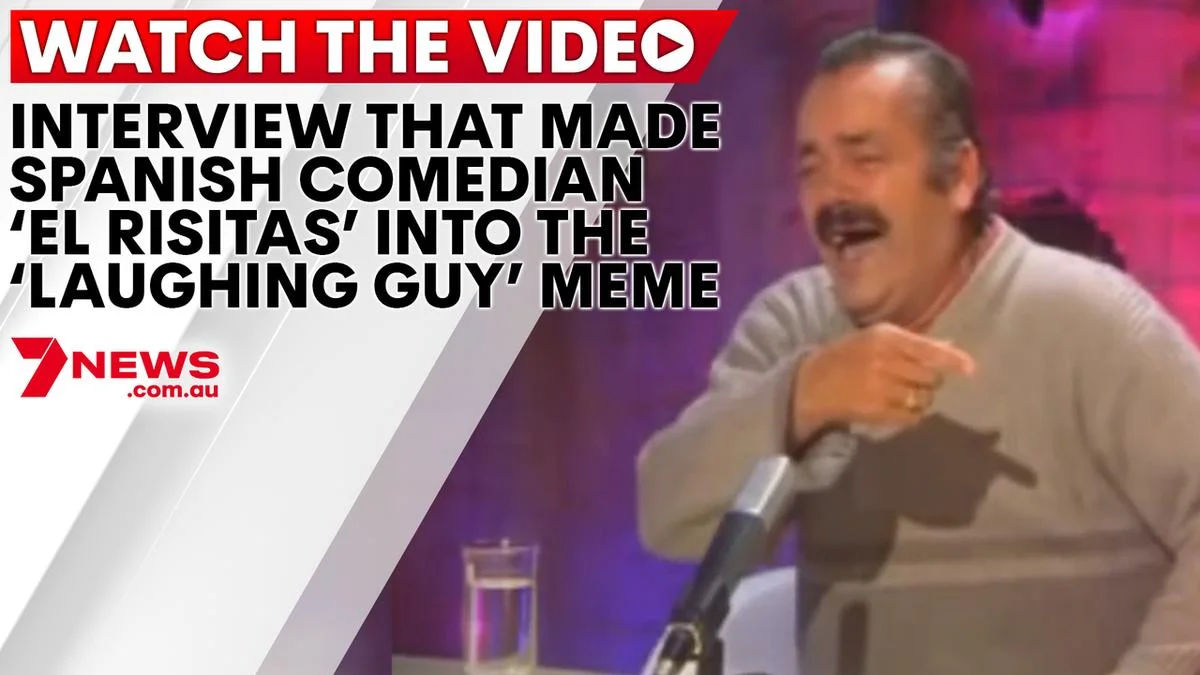 News article screenshot with Spanish Laughing Guy in characteristic pose with impact-font text overlay.