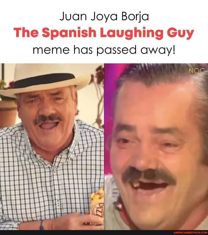 Spanish Laughing Guy — Tribute layout combining casual photo with cowboy hat and laughing expression with memorial text.