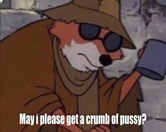 Spare Coochie — Robin Hood beggar fox captioned 'May i please get a crumb of pussy?'