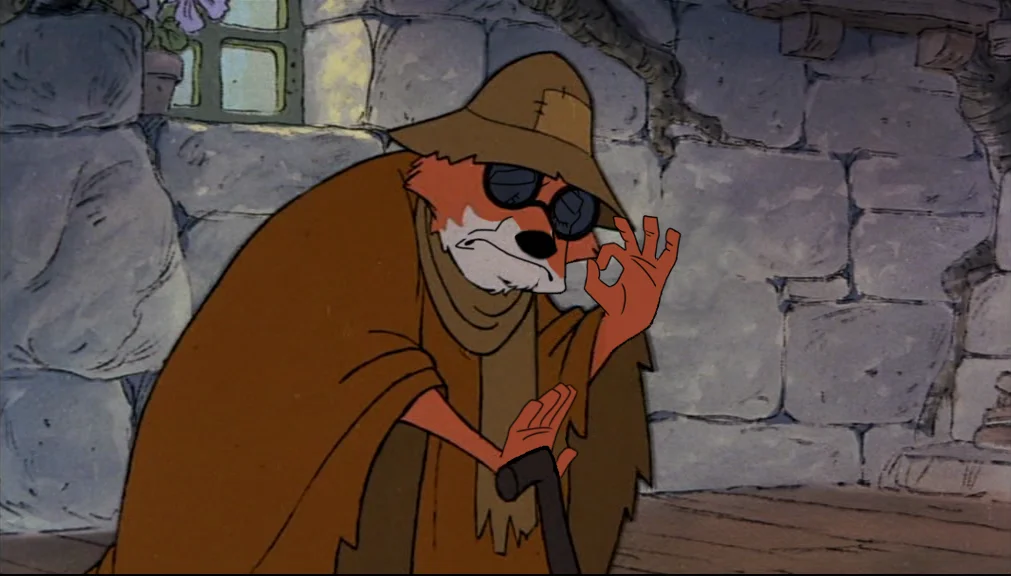 Spare Coochie — Disney Robin Hood beggar fox holding a coin up to his sunglasses