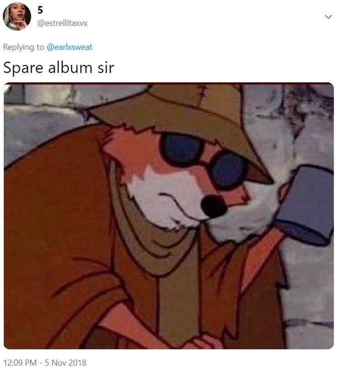 Spare Coochie — Tweet showing the Robin Hood beggar fox with caption 'Spare album sir'