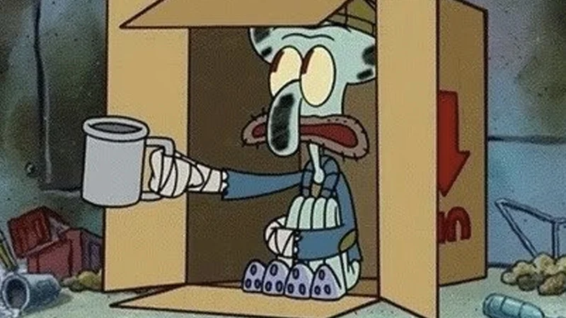 Spare Coochie — Squidward from SpongeBob sitting in a cardboard box dressed as a beggar holding a tin cup