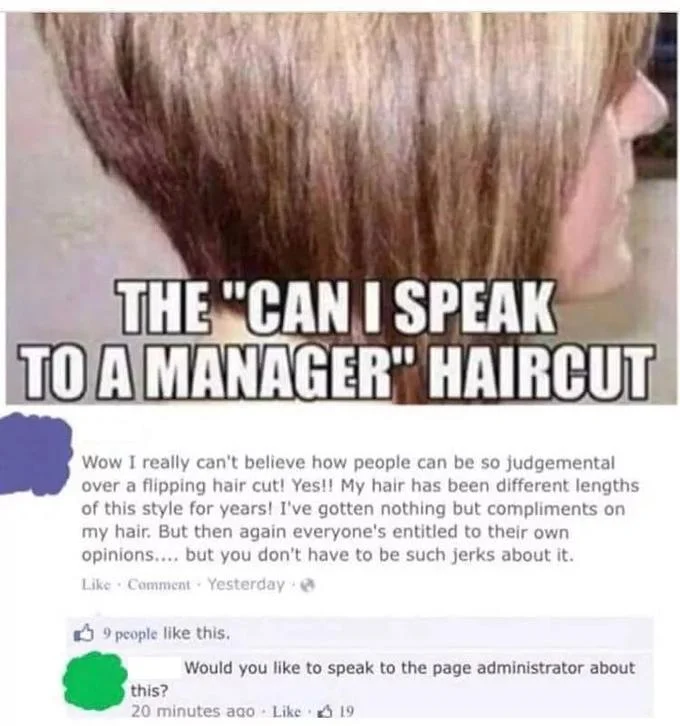 "Speak to the Manager" Haircut — Facebook screenshot of manager haircut meme with defensive comment and sarcastic administrator reply.