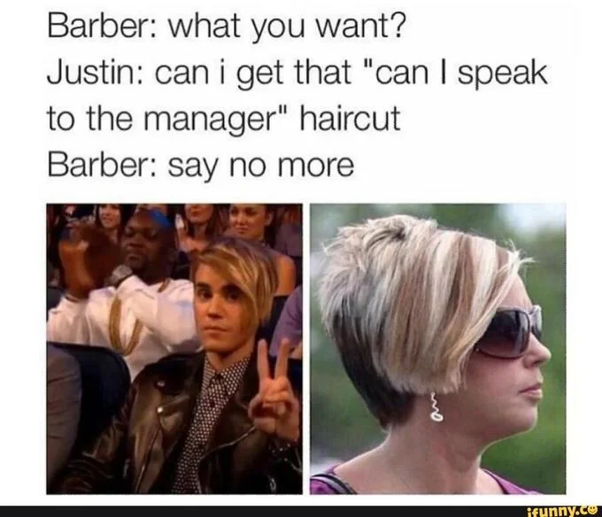 "Speak to the Manager" Haircut — Three-panel meme with increasingly large hairstyles escalating from manager to regional director to CEO demands.