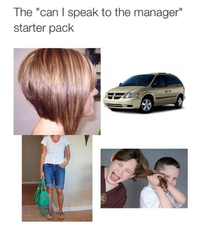 "Speak to the Manager" Haircut — Starter pack meme with inverted bob haircut, minivan, mom outfit, and hair-pulling child.