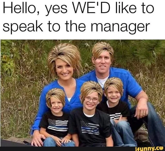 "Speak to the Manager" Haircut — Woman with short bob standing at Starbucks counter, captioned as waiting to talk to the manager.