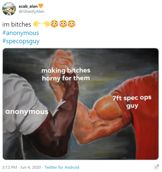 Tweet with epic handshake meme labeling Anonymous and 7ft Spec Ops Guy making people horny.