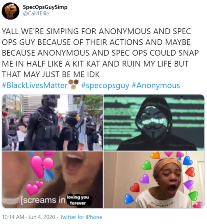 Tweet from SpecOpsGuySimp with simp meme panels of Spec Ops Guy and Anonymous.