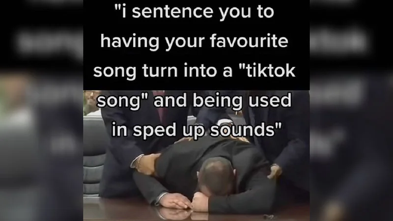 Sped Up Tiktok Audios — TikTok vertical format meme with text about sentence and slumped man reaction image.