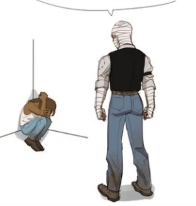 Speech Bubbling — Illustration of a bandaged man standing over a crouching child with an empty speech bubble overhead