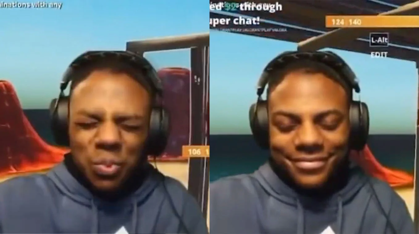 IShowSpeed smiling with eyes closed trying not to laugh reaction meme