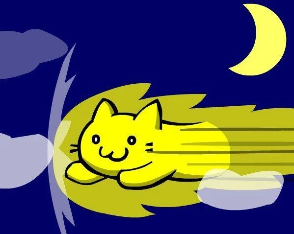 Yellow cartoon Speedycat flying across dark blue sky with moon and clouds