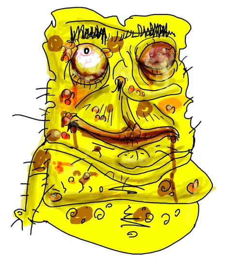 Spengbab — Sketchy yellow SpongeBob parody face with mismatched eyes and brown blotches