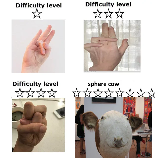 Difficulty level meme escalating from hand gestures to Sphere Cow at max difficulty