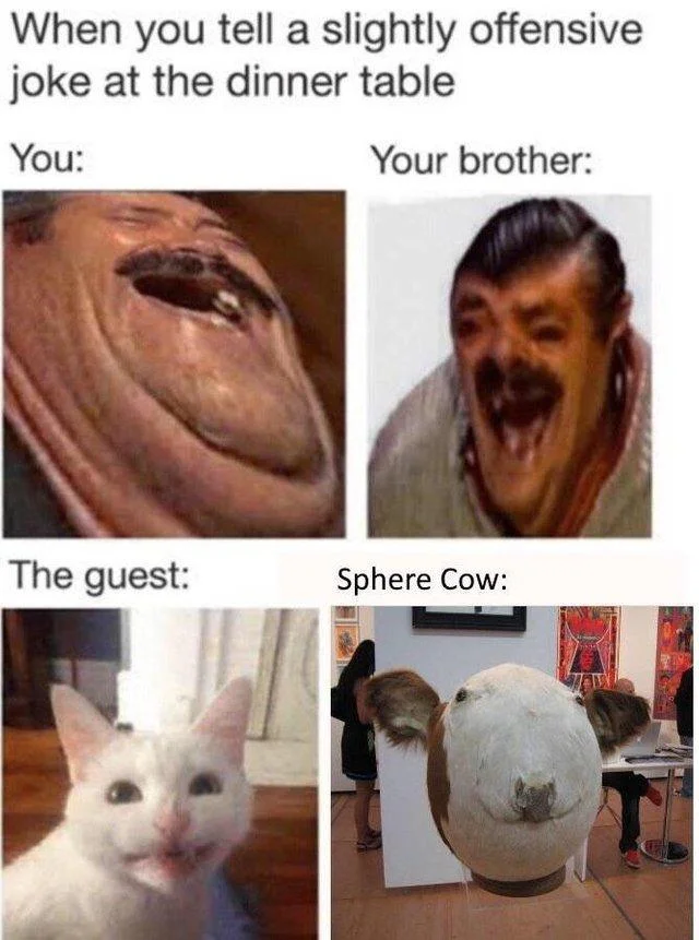 Four-panel reaction meme with Sphere Cow as one of the reaction images