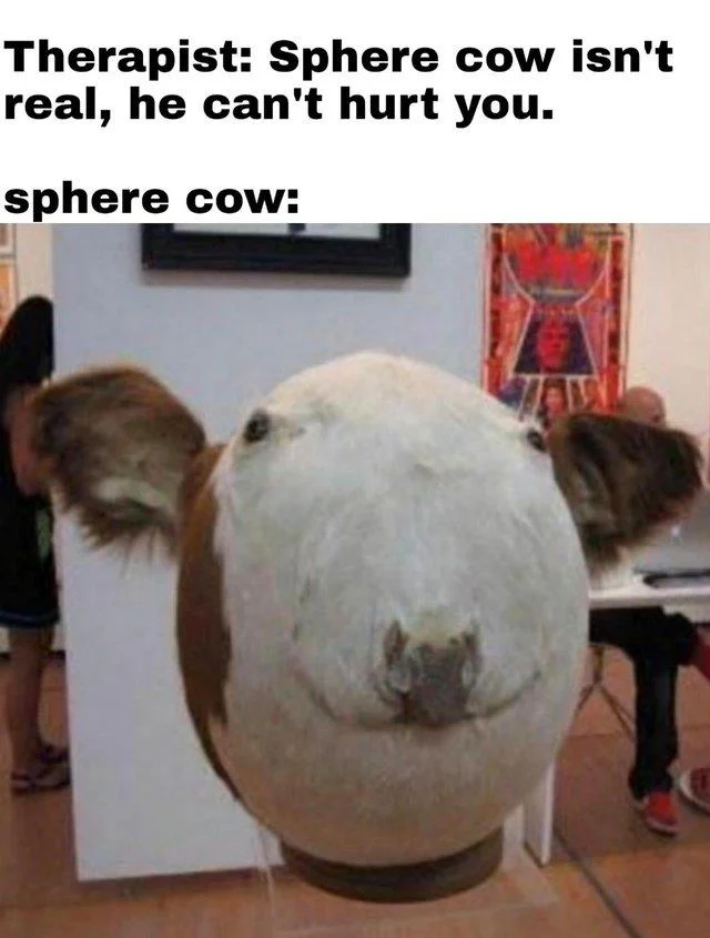Therapist meme claiming Sphere Cow isn't real with Sphere Cow image below