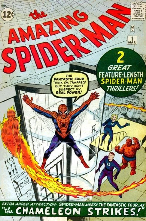 Amazing Fantasy #15 cover introducing Spider-Man carrying a man while swinging between buildings
