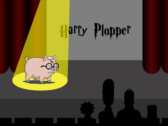 Spider-Pig — Pig with glasses and lightning scar on a spotlit stage under the title 'Harry Plopper', Simpsons silhouettes in the audience.