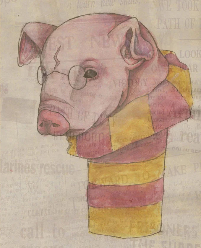 Spider-Pig — Watercolor illustration of a pig with round glasses wearing a red and yellow Gryffindor scarf.