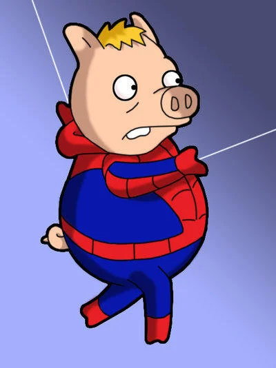 Spider-Pig — Cartoon pig wearing red and blue Spider-Man costume hanging from a web.